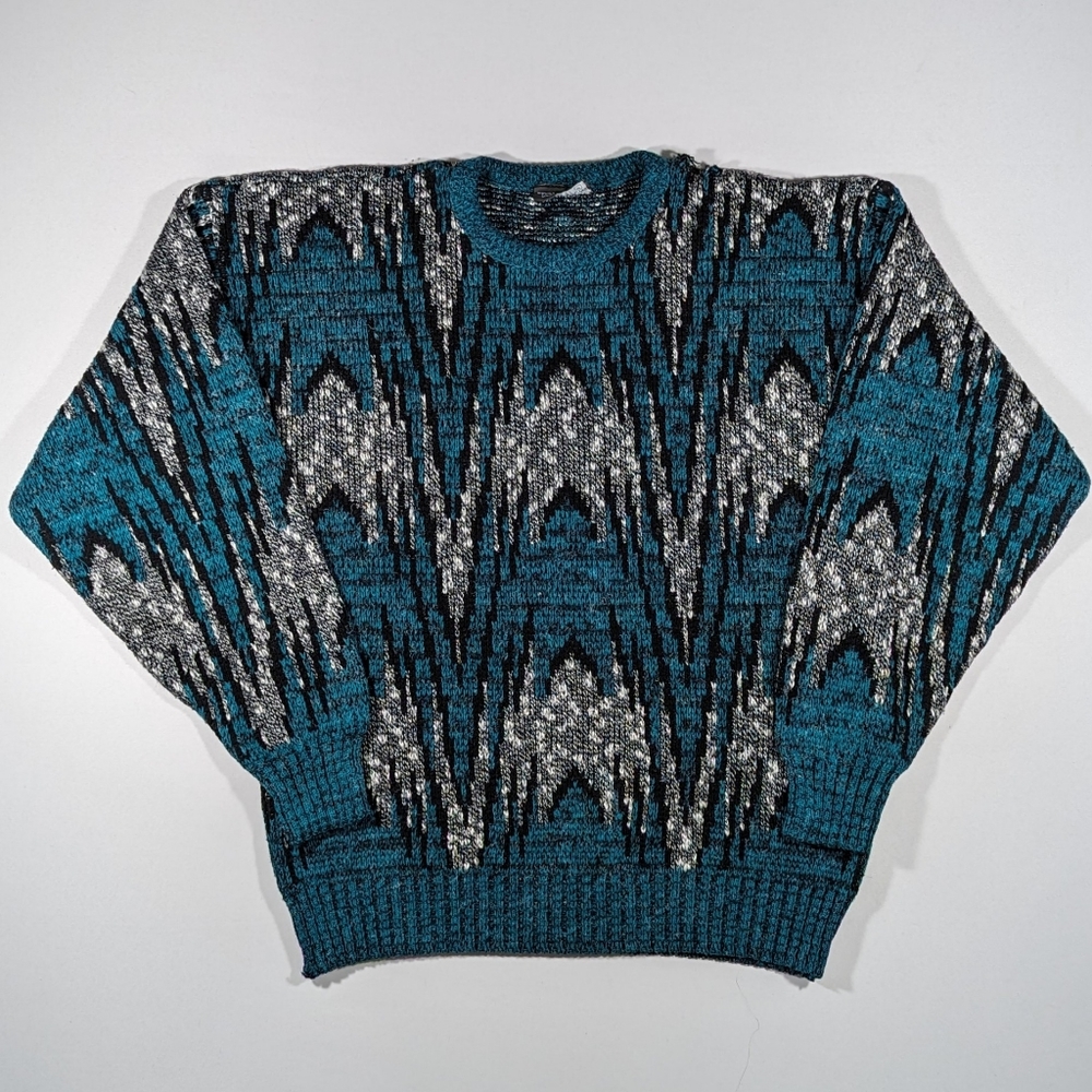 Vintage 90s Tons O' Fun Sweater Men's Size Medium Acrylic Geometric Turquoise